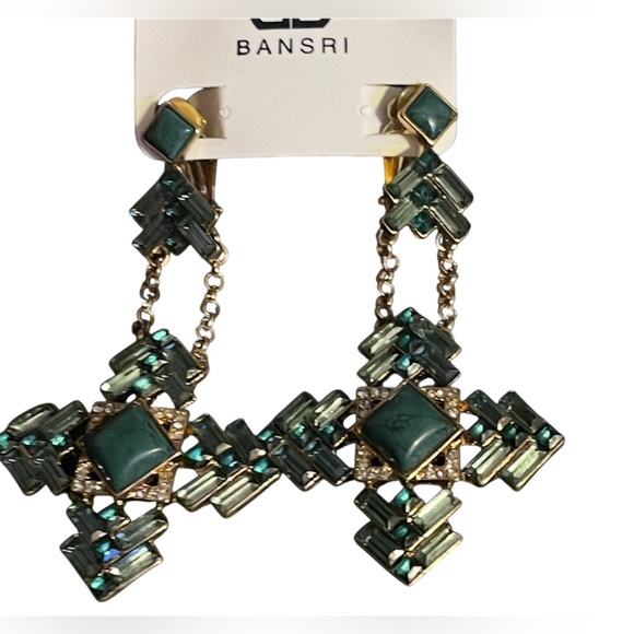 Bansri Green and Gold Statement Clip On Earrings with Crystals. NWT - Picture 1 of 4